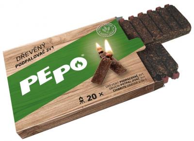 Gyújtó PE-PO® 2 az 1-ben, fa, 20 db, gyufával és gyújtófejjel, gyújtó grillekhez, tűzhelyekhez, kand