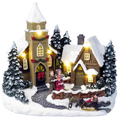 MagicHome karácsonyi dekoráció, Karácsonyi házikó, 6 LED meleg fehér, dallamokkal, poligyanta, 3 x A