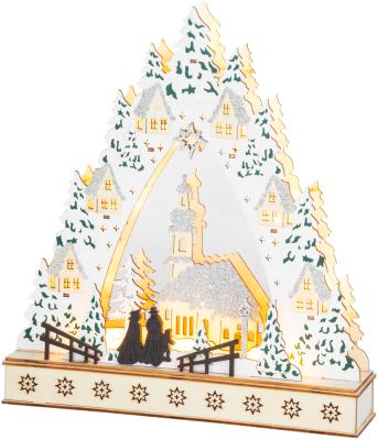 Dekoráció MagicHome Karácsony, Falu templommal, LED, MDF, 30x7x33,5 cm