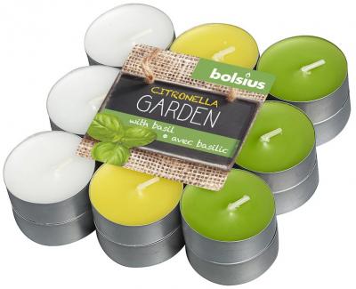 Gyertyák bolsius Tealight Citronella, mix színek, bazsalikom, csom. 18 db